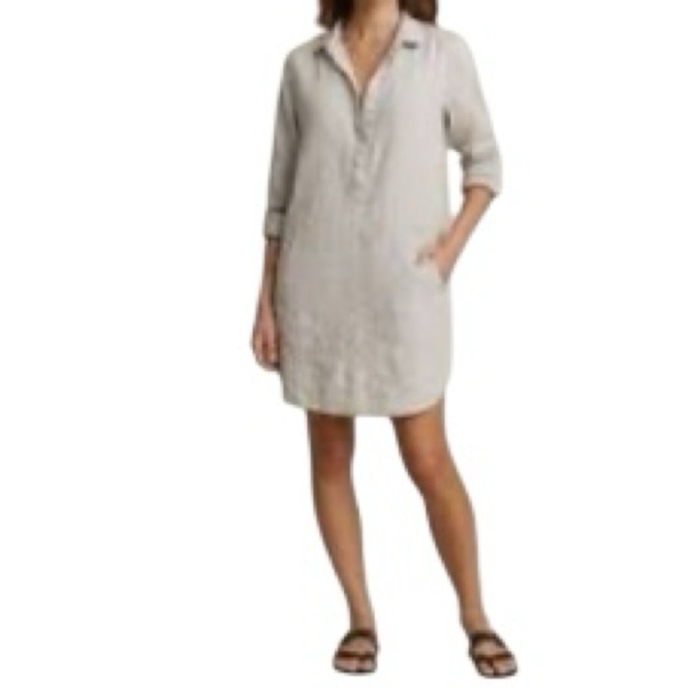 Tahari Longsleeve Split Neck linen shift dress 1X